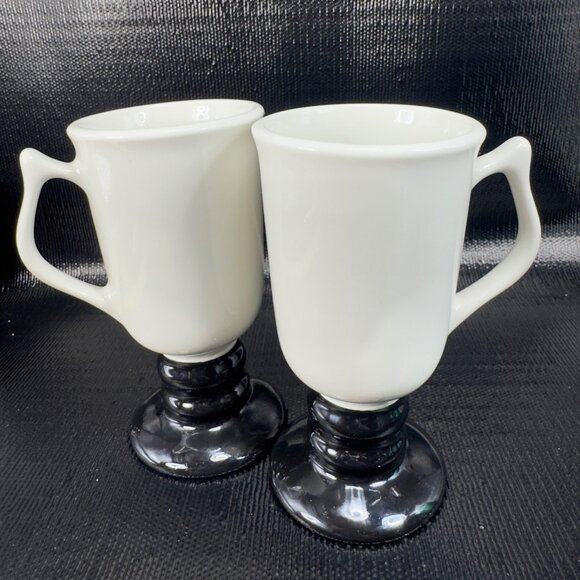 Vintage Hall China 1273 Pedestal Mugs White Black Set Of 2 MCM USA Pottery Mugs - Picture 11 of 16